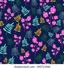 Vector forest design, floral seamless pattern with berry and leaf in childish style.