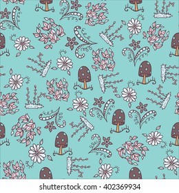 Vector forest design. Seamless pattern with flower, mushroom, grass, leaves elements. Textile, paper background in sketch doodle style 