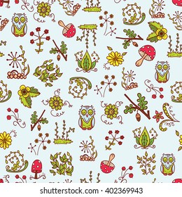 Vector forest design. Seamless pattern with flower, owl, mushroom, grass, leaves elements. Textile, paper background in sketch doodle style 