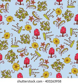 Vector forest design. Seamless pattern with flower, mushroom, grass, leaves elements. Textile, paper background in sketch doodle style Blue, red, green, yellow
