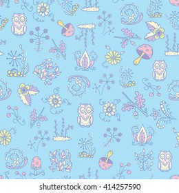 Vector forest design. Seamless pattern with flower, owl, mushroom, grass, leaves elements. Textile, paper background in sketch doodle style 