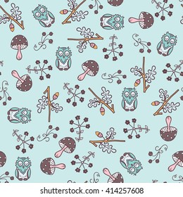 Vector forest design. Seamless pattern with flower, owl, mushroom, grass, leaves elements, acorn. Textile, paper background in sketch doodle style 