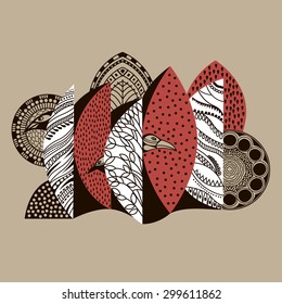 Vector forest design with stylized trees,bushes, birds.