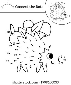 Vector Forest Dot-to-dot And Color Activity With Cute Hedgehog Carrying Mushrooms And Apple. Summer Or Autumn Connect The Dots Game For Children With Cute Animal. Funny Adorable Coloring Page
