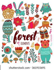 Vector forest elements in doodle childish style, handdrawn animals and insects, trees and plants.