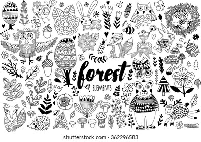 Vector forest elements in doodle childish style, handdrawn animals and insects, trees and plants.