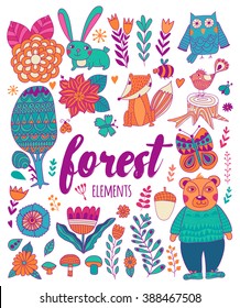 Vector forest elements in doodle childish style, handdrawn animals and insects, trees and plants.