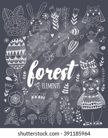 Vector forest elements in doodle childish style, handdrawn animals and insects, trees and plants.