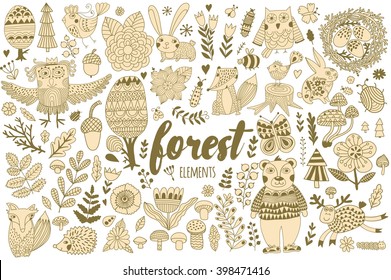 Vector forest elements in doodle childish style, handdrawn animals and insects, trees and plants.