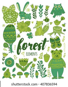 Vector forest elements in doodle childish style, handdrawn animals and insects, trees and plants.