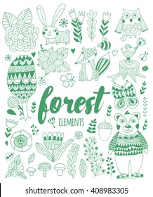 Vector forest elements in doodle childish style, handdrawn animals and insects, trees and plants.
