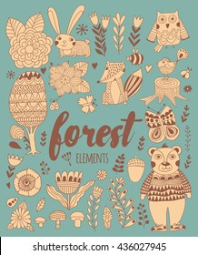 Vector forest elements in doodle childish style, handdrawn animals and insects, trees and plants.