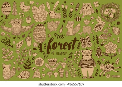 Vector forest elements in doodle childish style, handdrawn animals and insects, trees and plants.