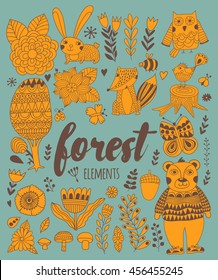 Vector forest elements in doodle childish style, handdrawn animals and insects, trees and plants.