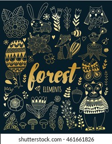 Vector forest elements in doodle childish style, handdrawn animals and insects, trees and plants in gold color