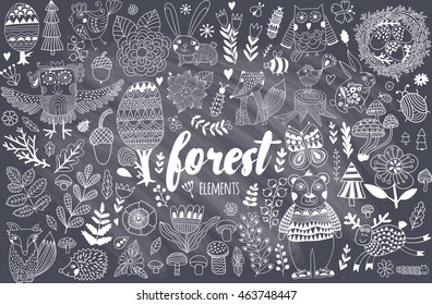 Vector forest elements in doodle childish style, handdrawn animals and insects, trees and plants.