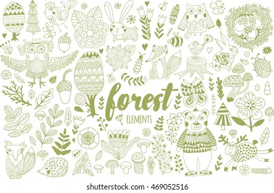 Vector forest elements in doodle childish style, handdrawn animals and insects, trees and plants.