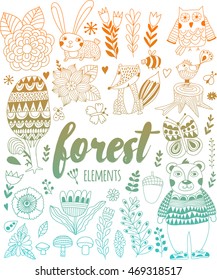 Vector forest elements in doodle childish style, handdrawn animals and insects, trees and plants.