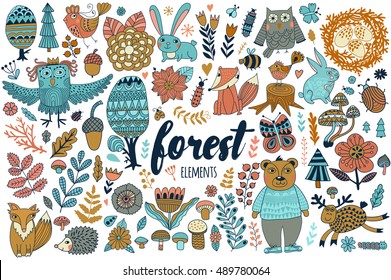 Vector forest elements in doodle childish style, handdrawn animals and insects, trees and plants.