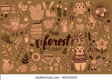 Vector forest elements in doodle childish style, handdrawn animals and insects, trees and plants.