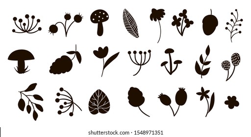 Vector forest elements silhouettes clip art set. Flat trendy illustration with leaves, branches, berries, cones, mushrooms. Woodland or forest black elements isolated on white background