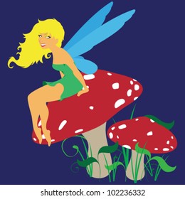 Vector Forest Fairy Sitting on a Toadstool/Mushroom