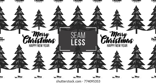 Vector forest fir and Merry Christmas lettering seamless pattern. Xmas and happy new year greeting card backdrop design. Retro hand drawn flat art on white background.