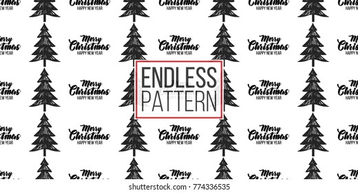 Vector forest fir and Merry Christmas lettering seamless pattern. Xmas and happy new year greeting card backdrop design. Retro hand drawn flat art on white background.