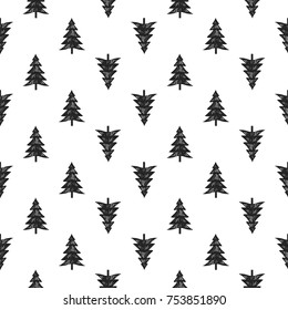 Vector forest fir seamless pattern. Merry Christmas and happy new year greeting card backdrop design. Retro hand drawn flat art on white background.