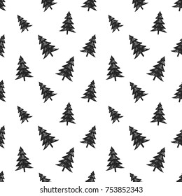 Vector forest fir seamless pattern. Merry Christmas and happy new year greeting card backdrop design. Retro hand drawn flat art on white background.