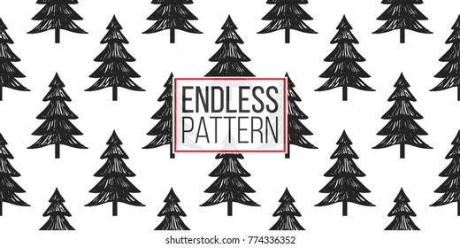 Vector forest fir seamless pattern. Merry Christmas and happy new year greeting card backdrop design. Retro hand drawn flat art on white background.