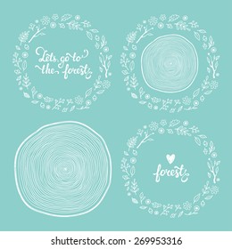 Vector forest frames set. Leaves, flowers, tree branches, acorns, berries and wood cut. Lovely lettering.