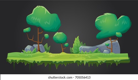 Vector forest green organic background for game ui design. Vector illustration of trees, grass and rocks for parallax effect