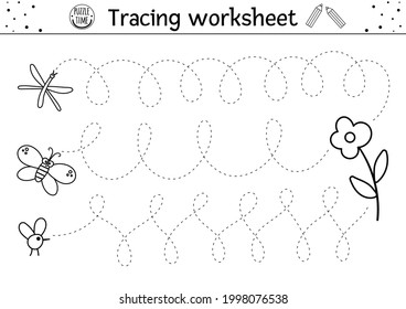 Vector forest handwriting practice worksheet. Summer woodland printable black and white activity for children. Educational tracing game for writing skills with cute insects flying to the flower
