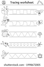 Vector forest handwriting practice worksheet. Summer woodland printable black and white activity for children. Educational tracing game for writing skills with cute animals
