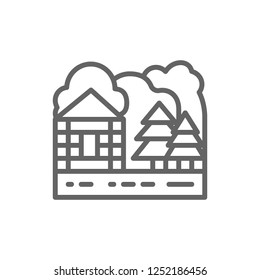 Vector forest house and nature landscape line icon. Symbol and sign illustration design. Isolated on white background