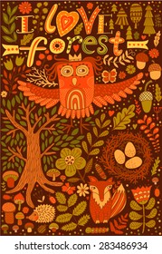 Vector forest illustration, doodling animals design. Hand draw animals. Kids illustration, funny cartoon animals in vector