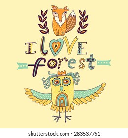 Vector forest illustration, doodling animals design. Hand draw animals. Kids illustration, funny cartoon animals in vector