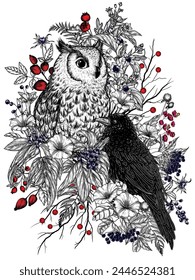 Vector forest illustration. An owl and a raven surrounded by wild berries and plants. Hawthorn, datura, rosehip, belladonna, elderberry, euonymus