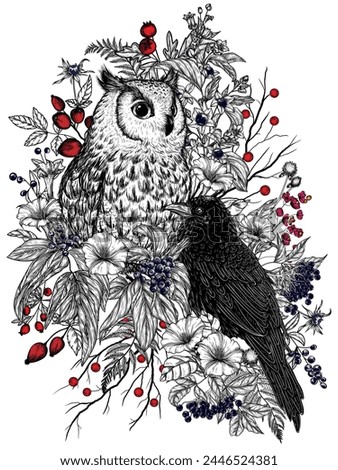Vector forest illustration. An owl and a raven surrounded by wild berries and plants. Hawthorn, datura, rosehip, belladonna, elderberry, euonymus
