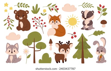 Ilustraciones del bosque vectorial. Conjunto de animales y plantas