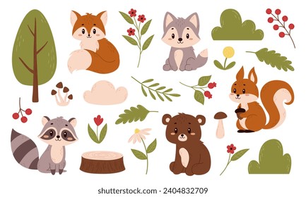 Ilustraciones del bosque vectorial. Conjunto de animales y plantas