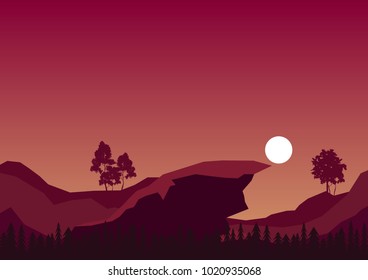 vector forest landscape, cliff and hills under sunset sky illustration