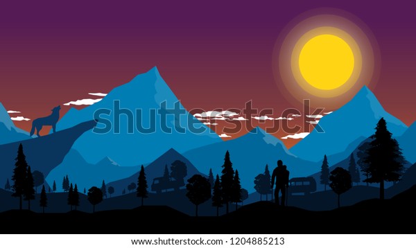 Vector Forest Landscape with dog and human and
cars Flat Design
