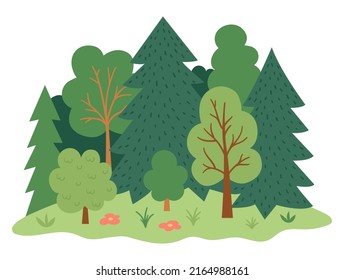 Vector forest landscape. Environment friendly concept with trees, flowers and bushes. Ecological or outdoor camping illustration. Cute earth day scene with plants
