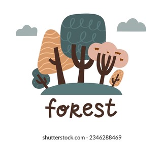 Vector forest landscape. Environment friendly concept with different trees and clouds