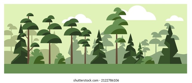 Vector forest landscape. Illustration of nature in a flat style. Stylized composition with trees, bushes, sky and clouds. Horizontal painting