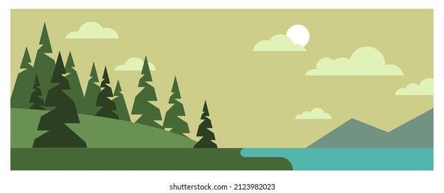 Vector forest landscape. Illustration of nature in a flat style. Stylized painting with trees, sea and clouds. Horizontal composition