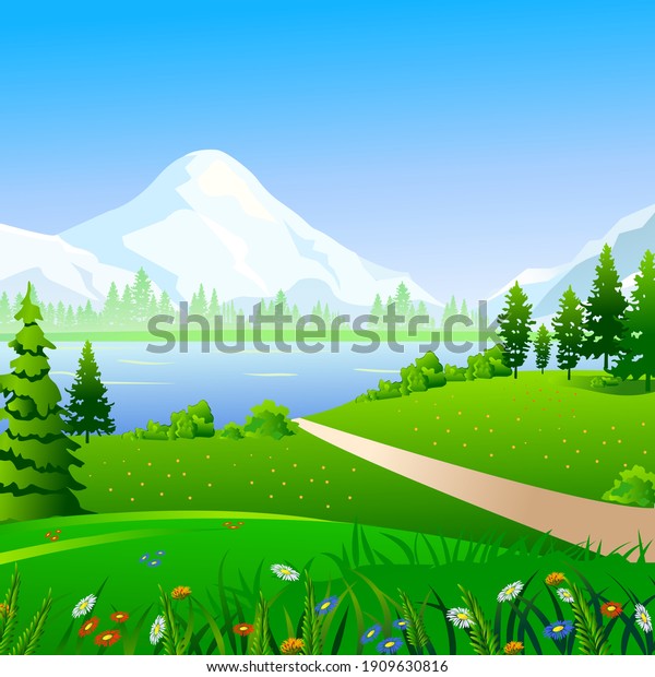 Vector forest\
landscape with mountains and\
river