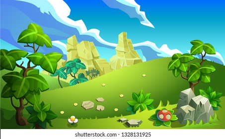 Vector forest landscape panorama. Fairytale background for cartoons. Hills, mountains and green trees.